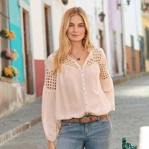 Sundance Dappled Moonlight Top Women's Small Peach Geometric Lace Long Sleeve